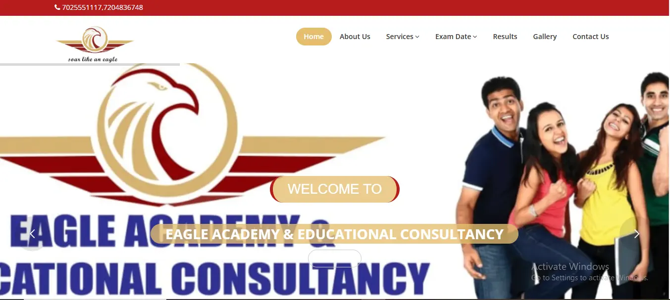 Screenshot of the Eagle Academy & Educational Consultancy website homepage featuring a logo with an eagle, navigation menu, and a group of smiling young adults on the right.