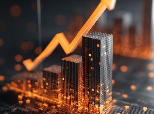 A graph with an upward orange arrow is superimposed on illuminated city buildings, symbolizing growth and progress in a digital, futuristic style.